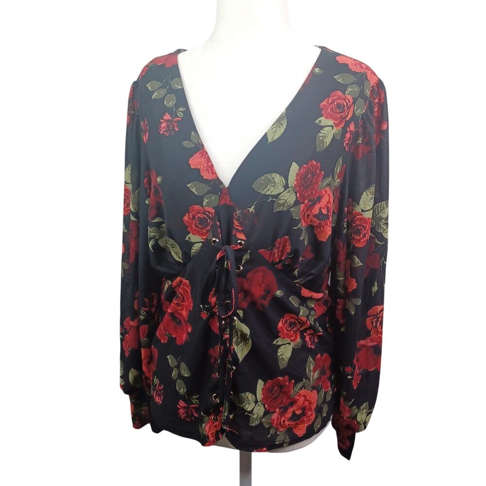 EMBER Women Floral Corset Lace Up Mesh Top Size XL Black Red Whimsigoth Romantic